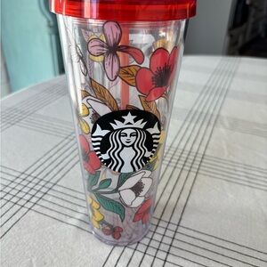 Starbucks Clear Tumbler with Red Floral Design 24oz